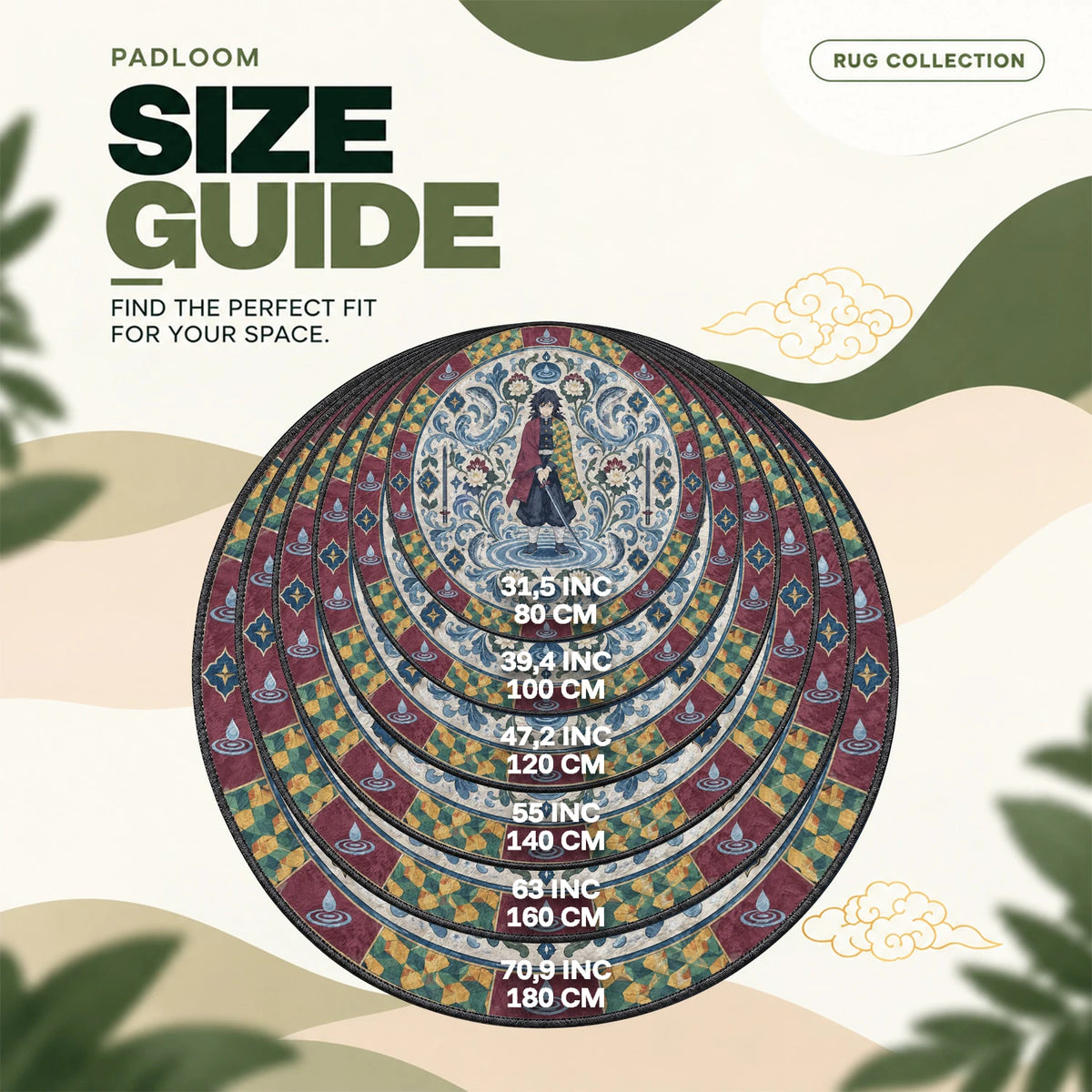 Giyu Water round rug size guide, 80 to 180 cm (31.5 to 70.9 in)