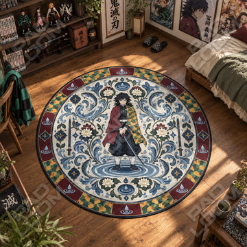 Giyu Water Demon Slayer round rug on a bedroom floor - Demon Slayer chair mat