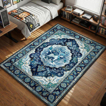 Glaceon standing amidst snowflakes and ice crystals in a blue and white traditional pattern area rug and floor mat