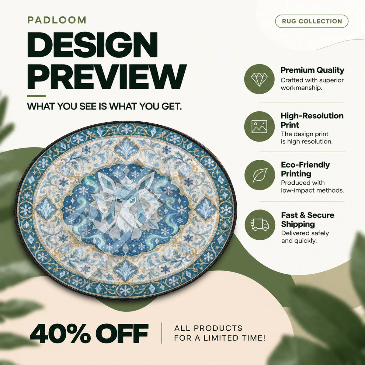 Glaceon Snowflake Pokemon round rug full design preview