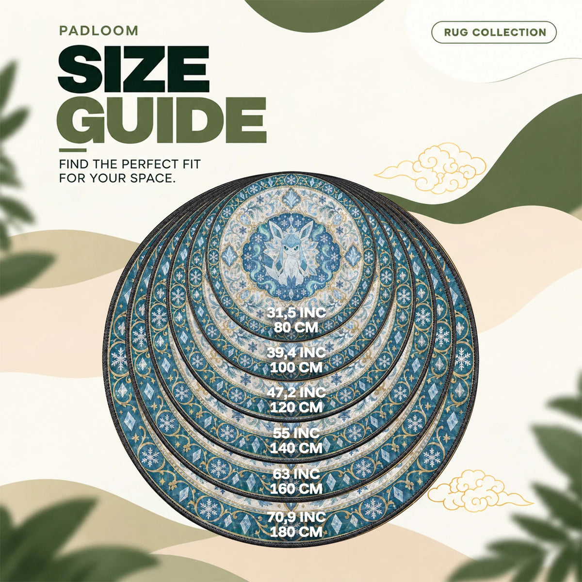 Glaceon Snowflake round rug size guide, 80 to 180 cm (31.5 to 70.9 in)