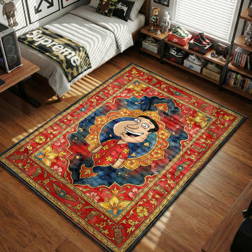 Glenn Quagmire smiling in Hawaiian shirt with tiki mugs and pilot wings ornate traditional Persian art style movie themed area rug and home theater mat