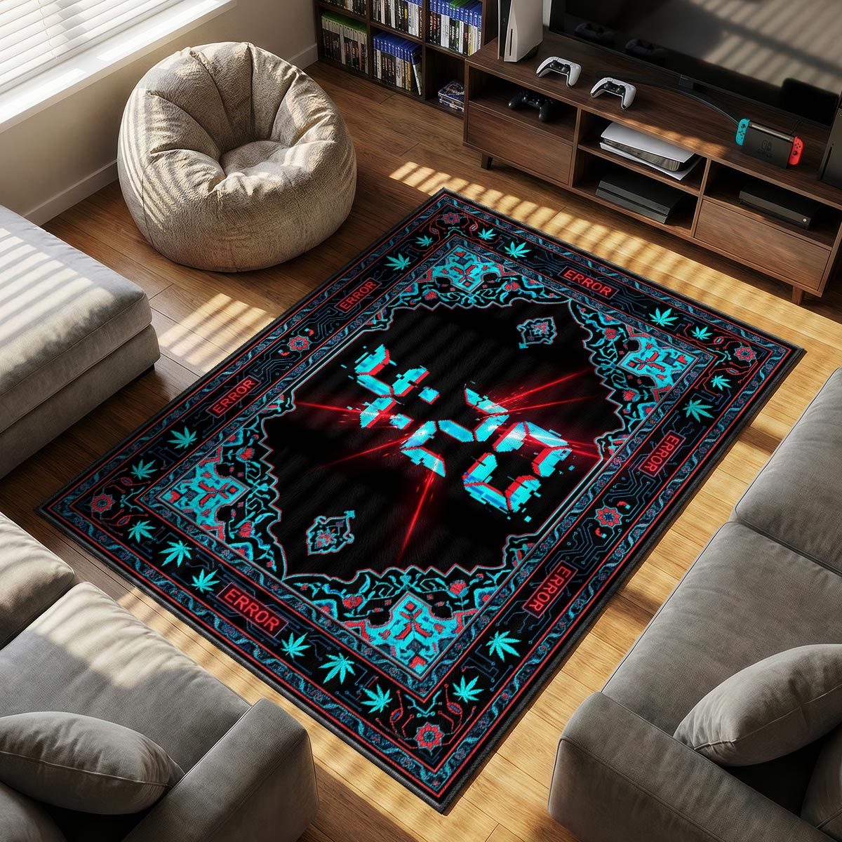 Neon Glitch themed area rug for home decor fans