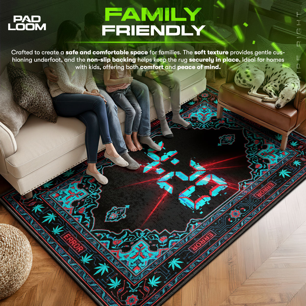 Neon area rug showing full home decor artwork