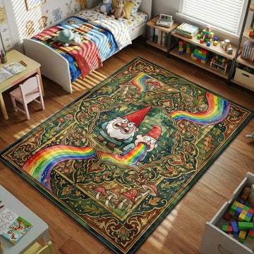 Gnomes rainbow Gravity Falls area rug with mushrooms and oak leaves on dark green tapestry