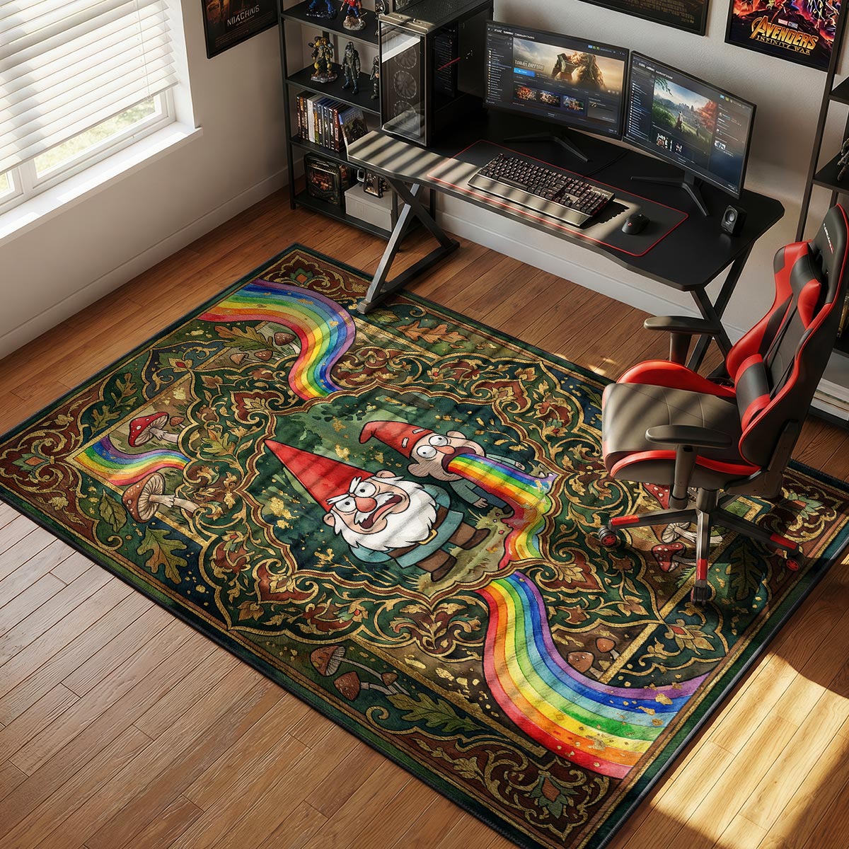 Gnomes rug placed in a cozy bedroom with dark wood bed frame and warm green throw blanket