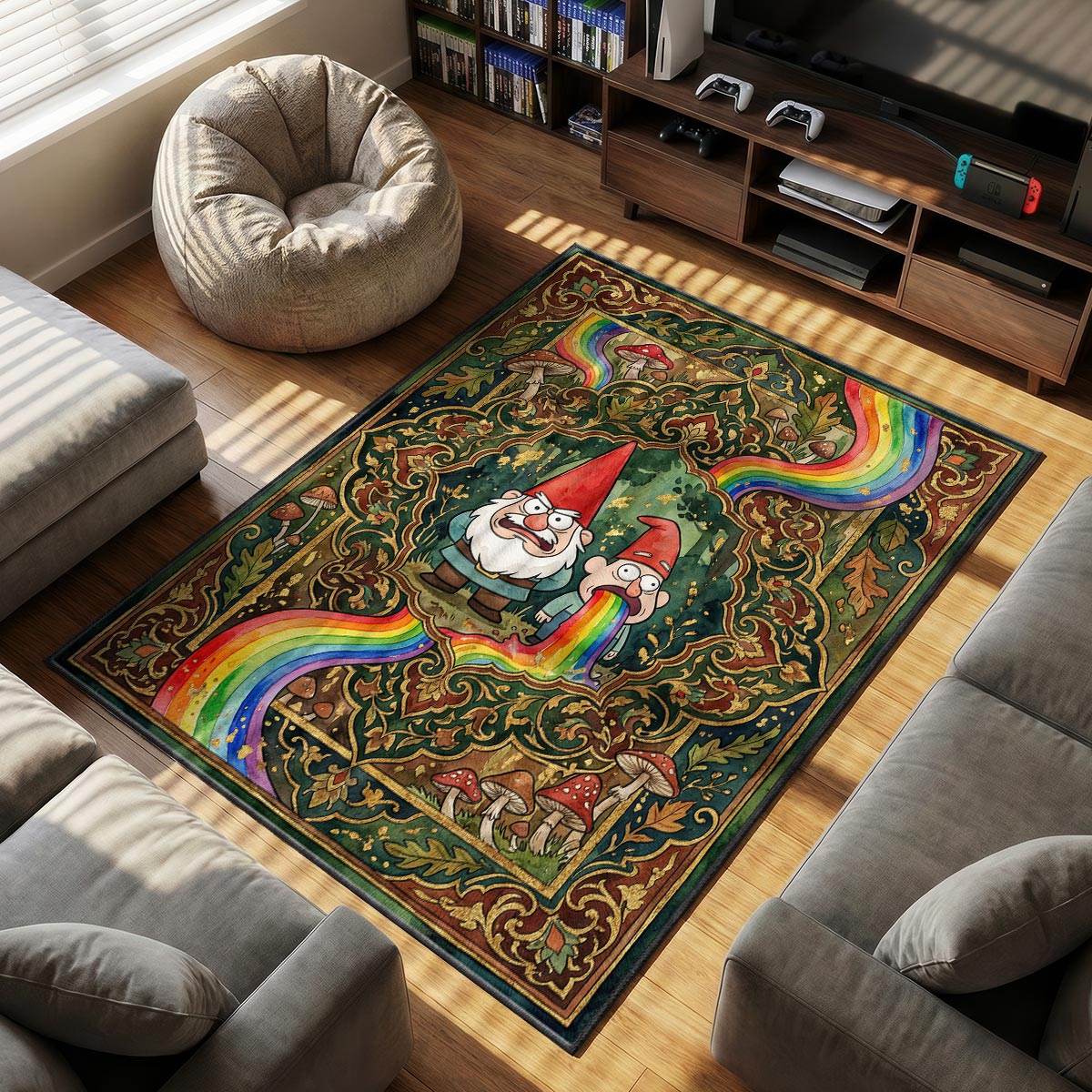 Close-up of gnomes area rug showing rainbow stream detail and forest green velvet texture