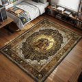 God Emperor of Mankind seated on the Golden Throne in intricate gothic gold art style gaming area rug and floor mat