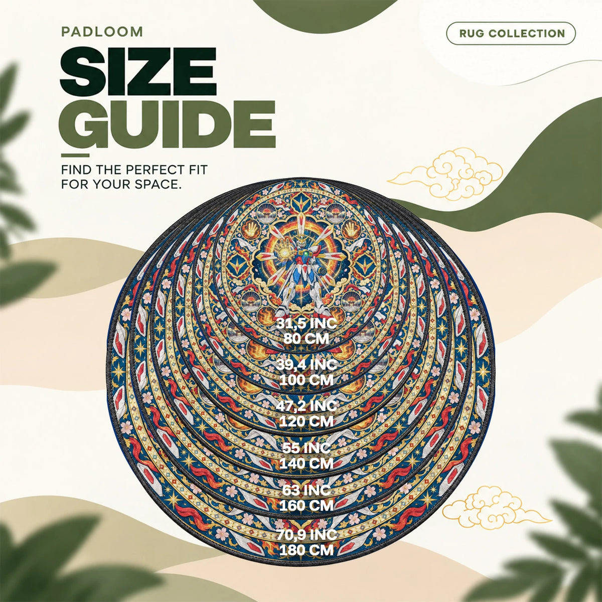 God Gundam Sunburst round rug size guide, 80 to 180 cm (31.5 to 70.9 in)