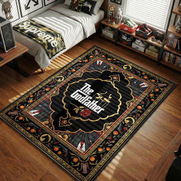 The Godfather marionette logo surrounded by oranges revolvers and roses ornate mafia art style movie themed area rug and home theater mat
