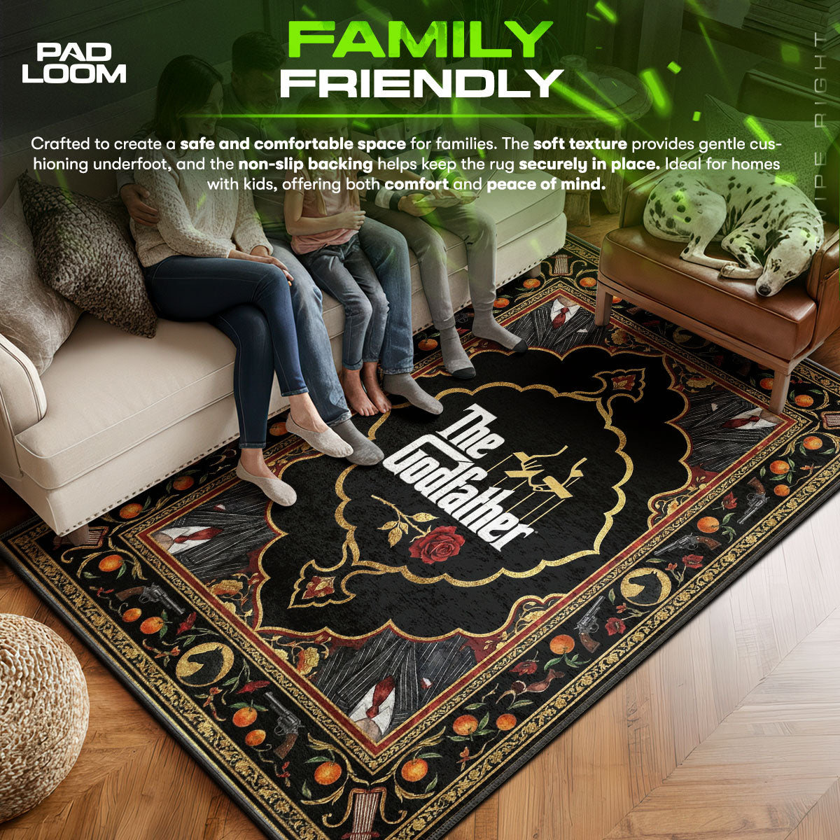 Godfather area rug showing full home decor artwork