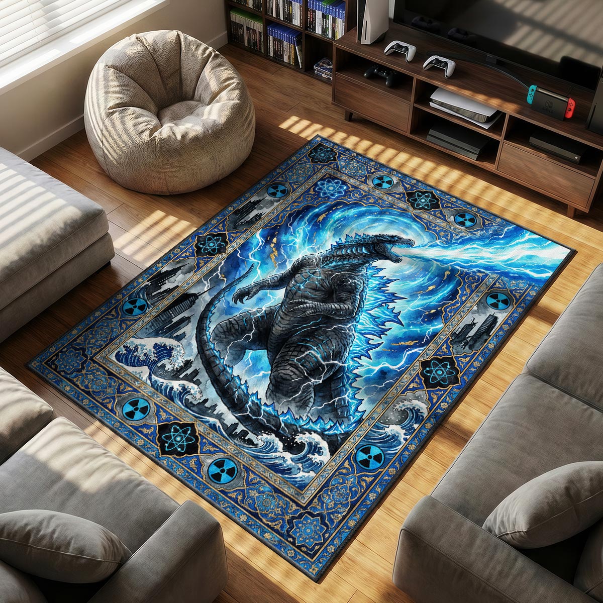 Godzilla Atomic themed area rug for home decor fans