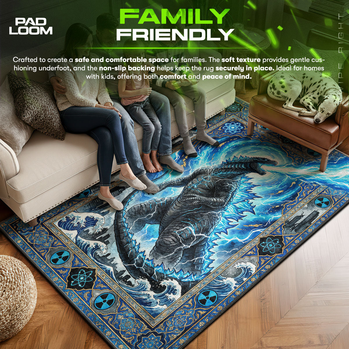 Godzilla area rug showing full home decor artwork
