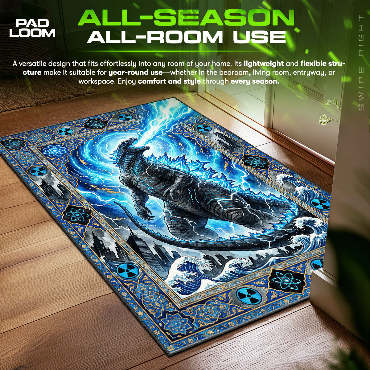 Godzilla Atomic Breath Tapestry Monsterverse Room fan rug — premium quality print