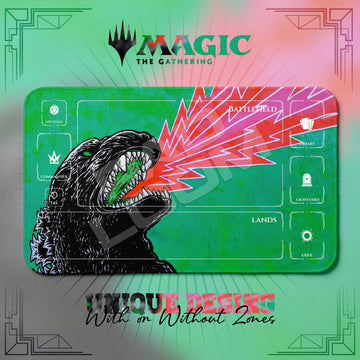 Godzilla Atomic MTG playmat, green art with play zones, 24 x 14 in