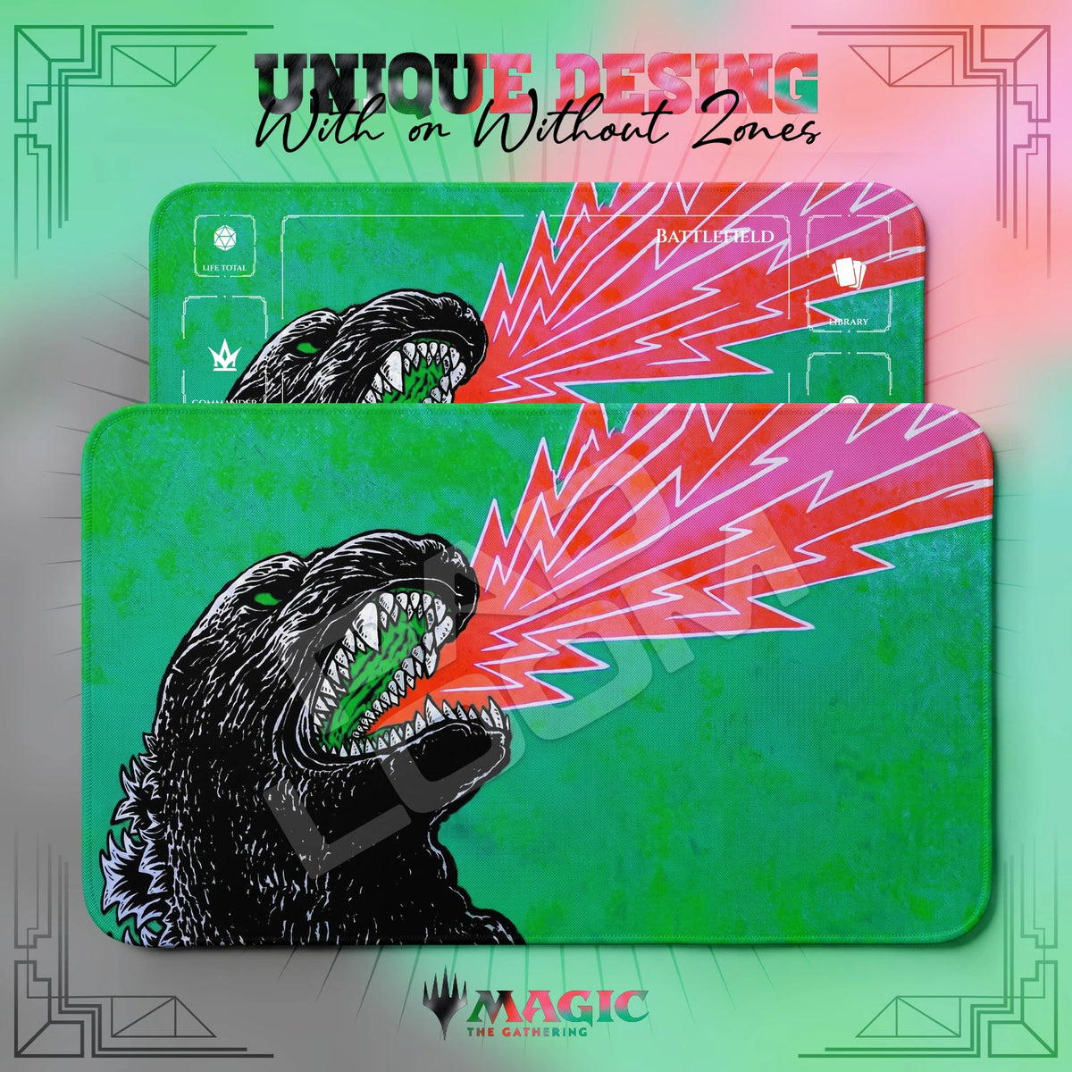 Godzilla Atomic MTG playmat shown with zones and without zones