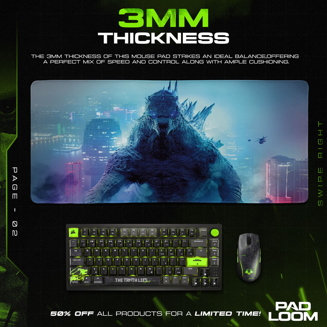 Godzilla City Glow Mouse Pad, Monster Gaming Desk Mat