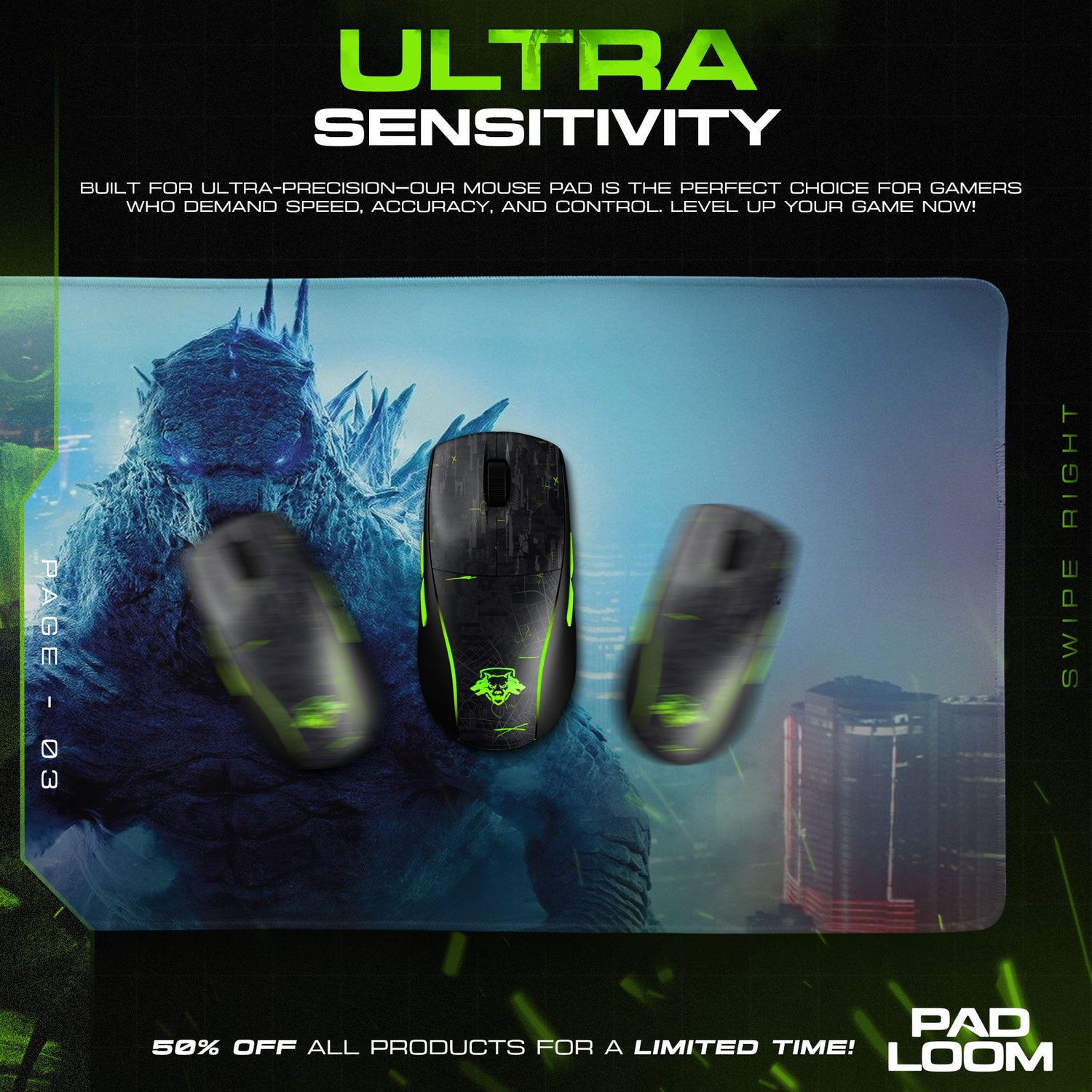 Godzilla City Glow Mouse Pad, Monster Gaming Desk Mat Padloom