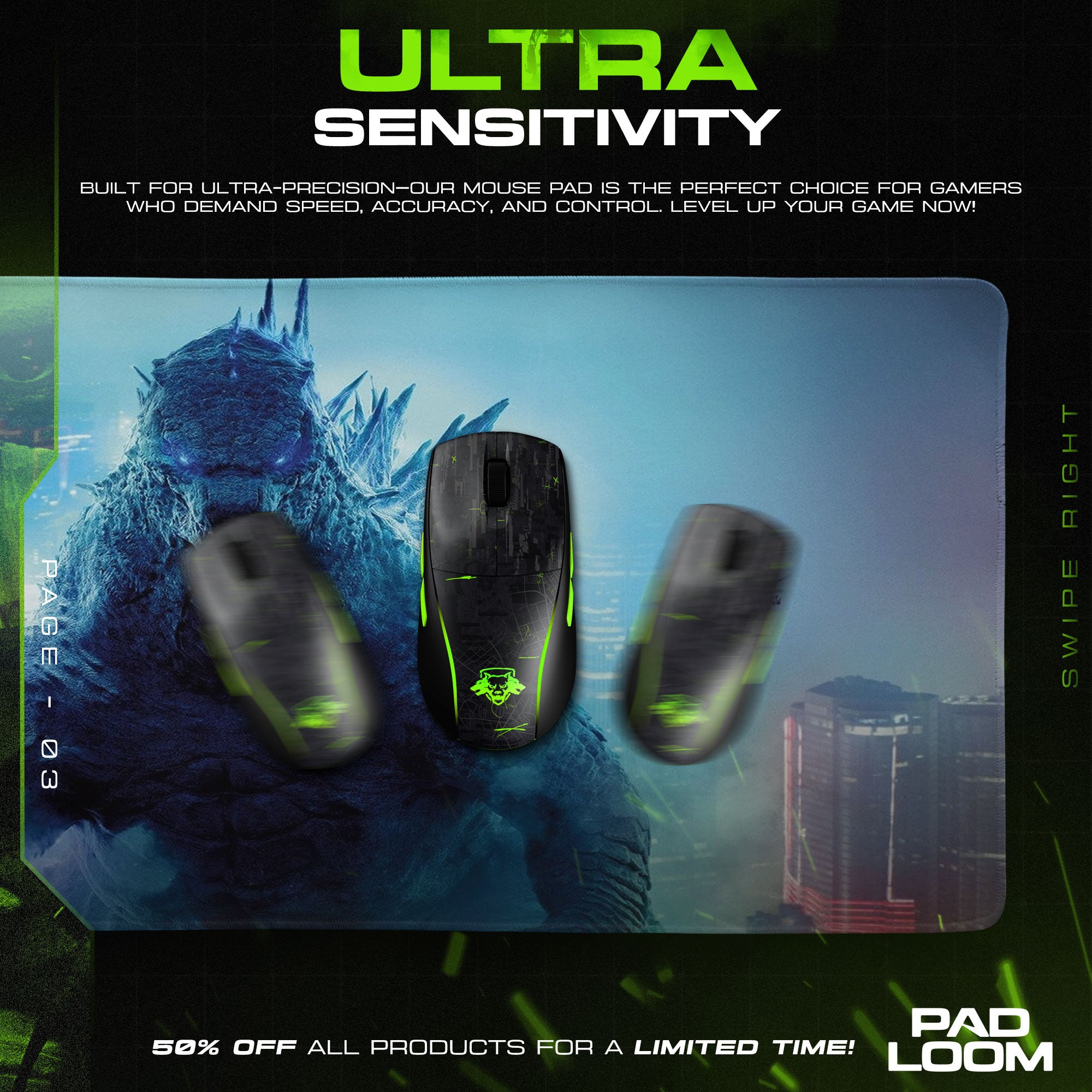 Godzilla City Glow Mouse Pad, Monster Gaming Desk Mat