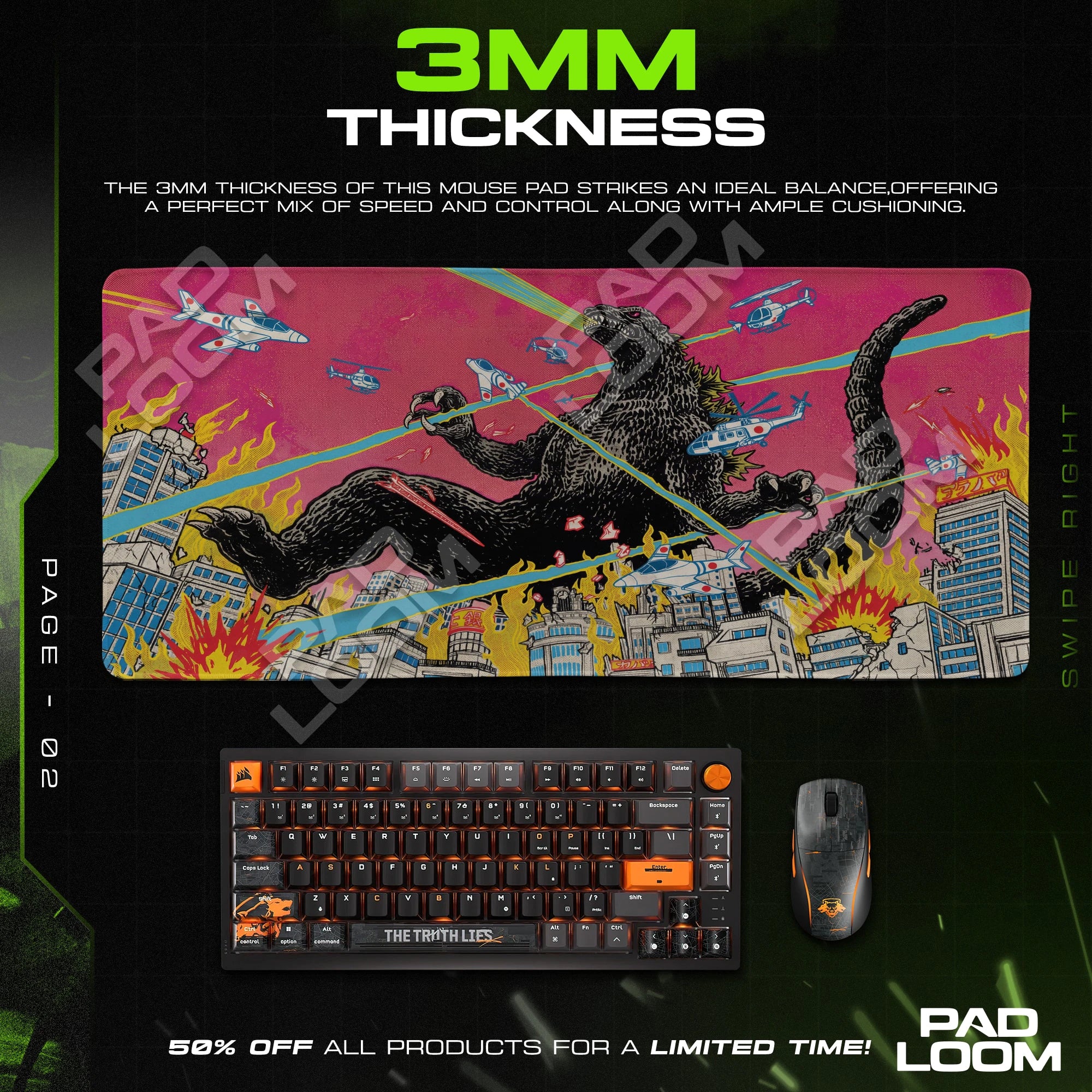 Godzilla Neon City Rampage Mouse Pad - Kaiju Desk Mat
