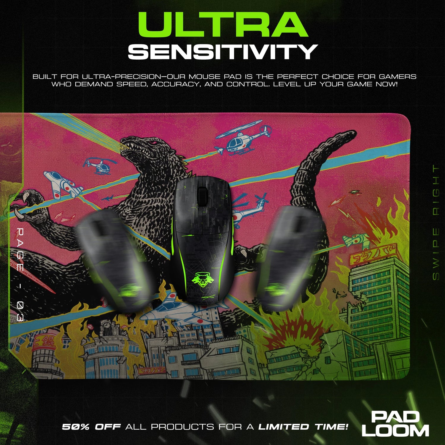 Godzilla Neon City Rampage Mouse Pad - Kaiju Desk Mat