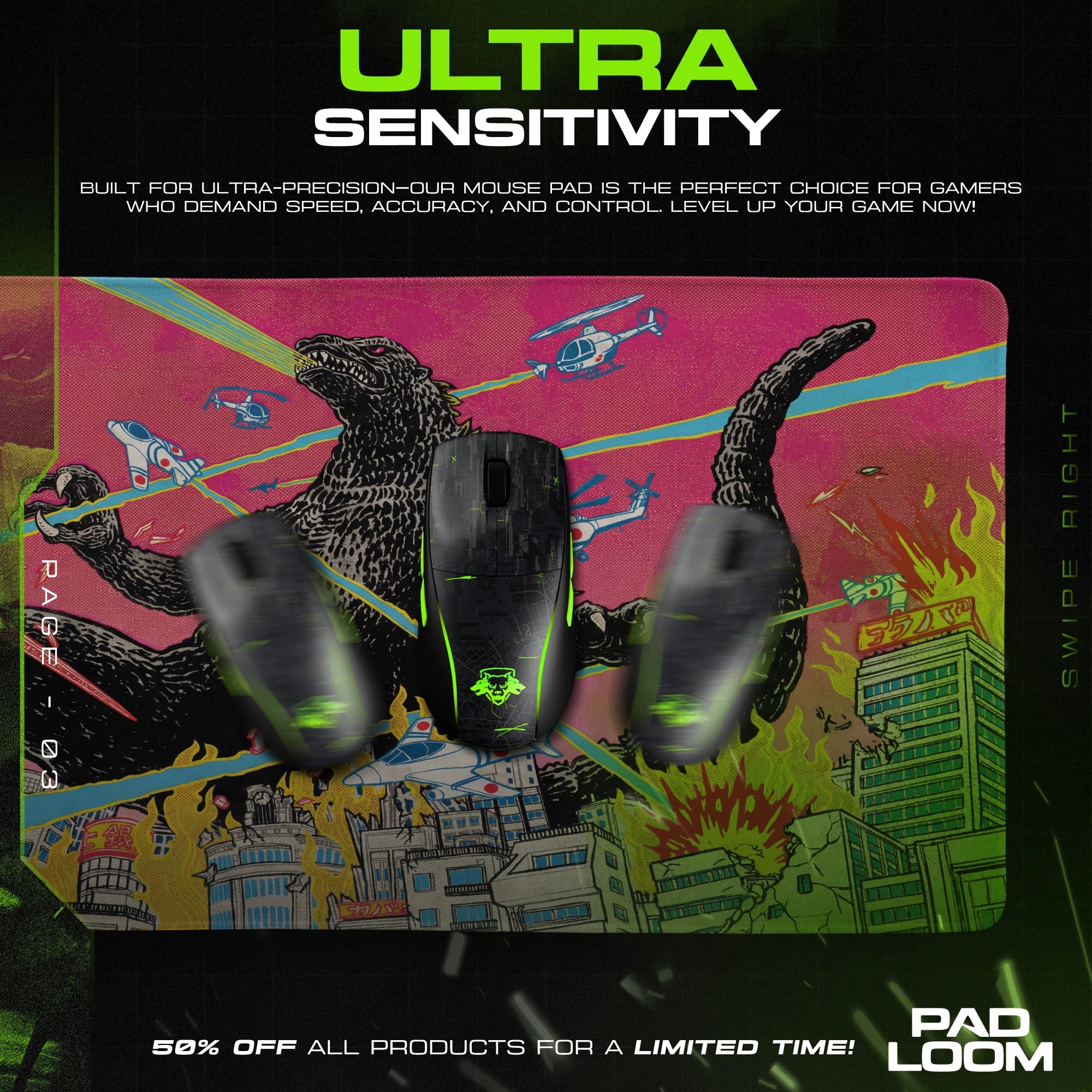 Godzilla Neon City Rampage Mouse Pad - Kaiju Desk Mat