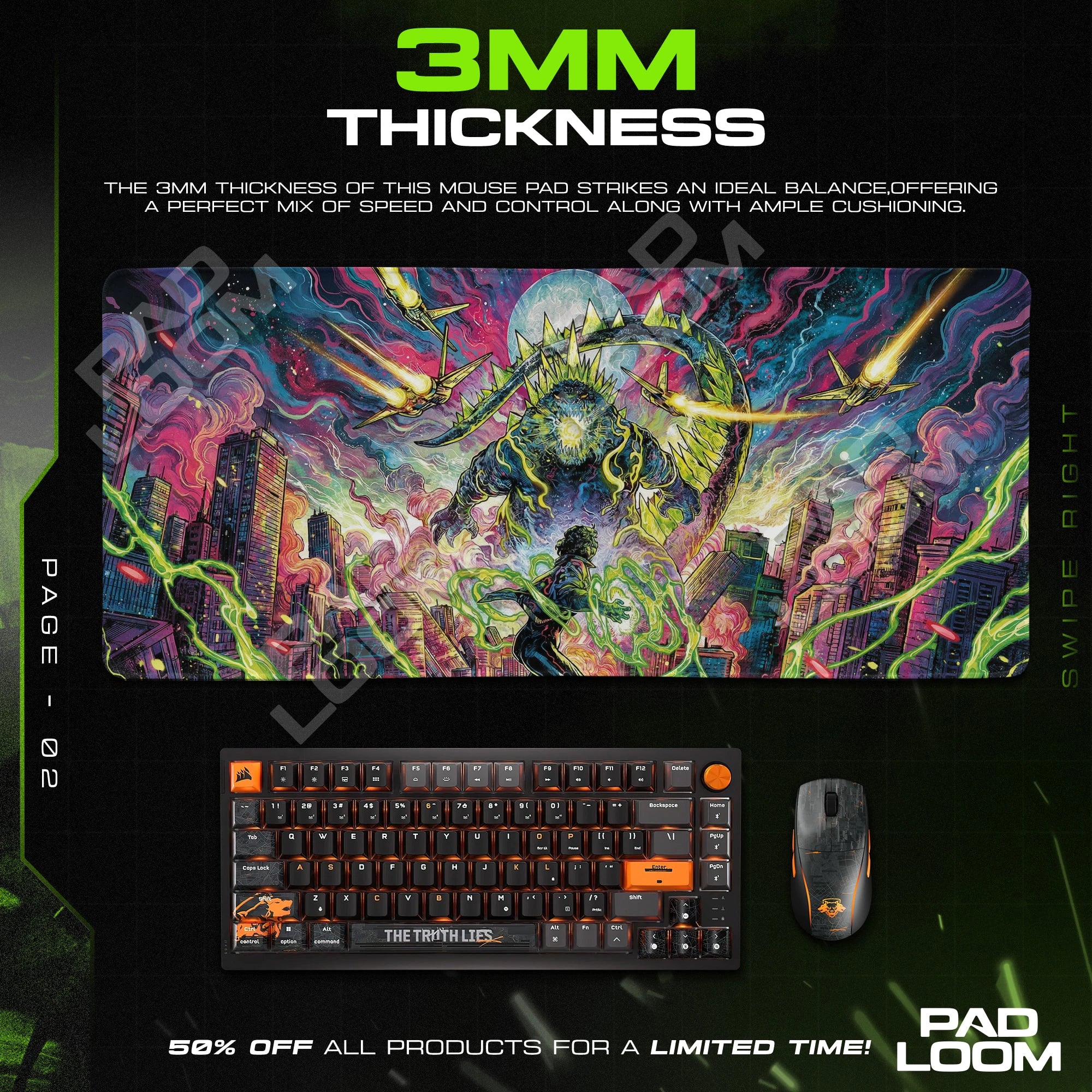 Godzilla Neon Rampage Mouse Pad - Kaiju Desk Mat