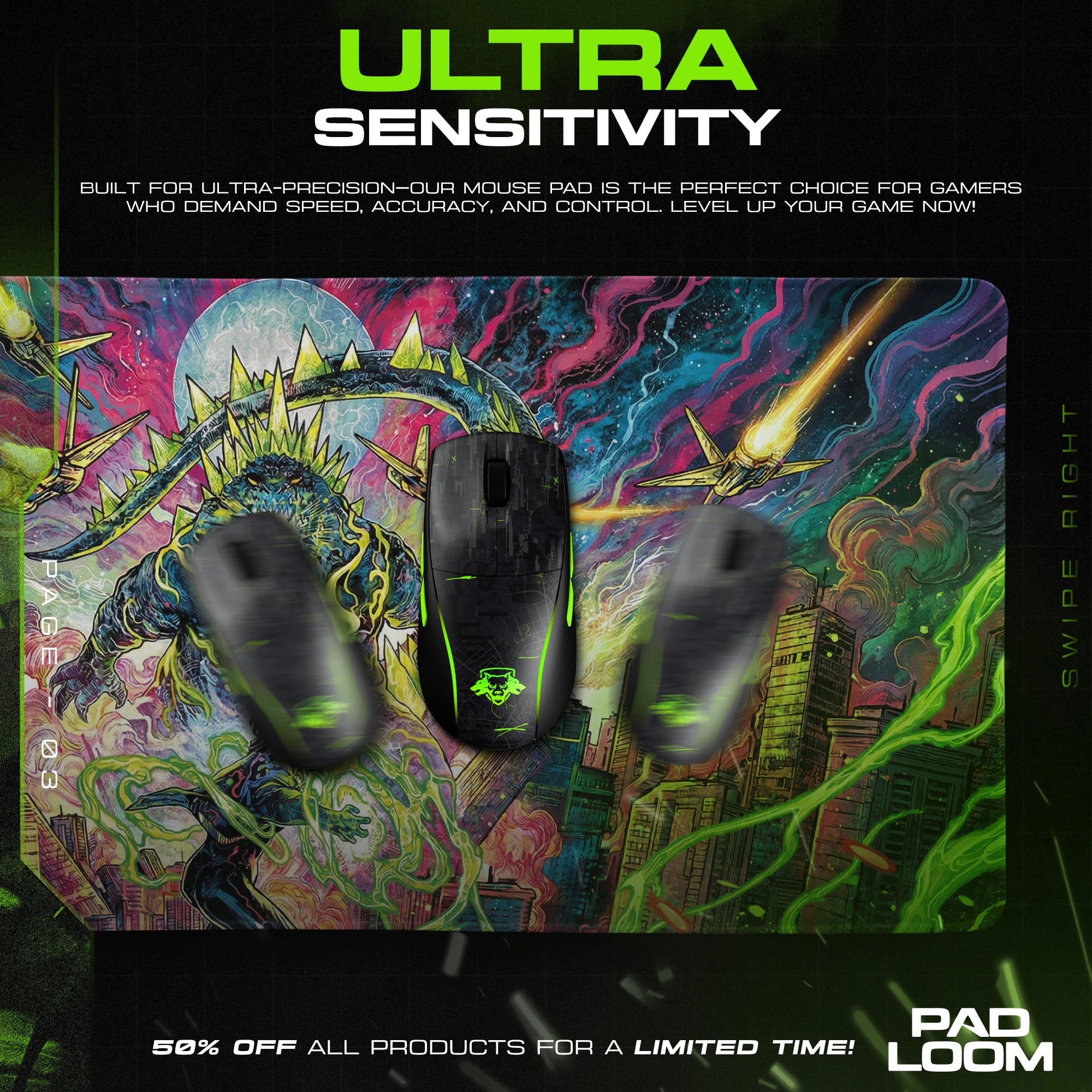 Godzilla Neon Rampage Mouse Pad - Kaiju Desk Mat