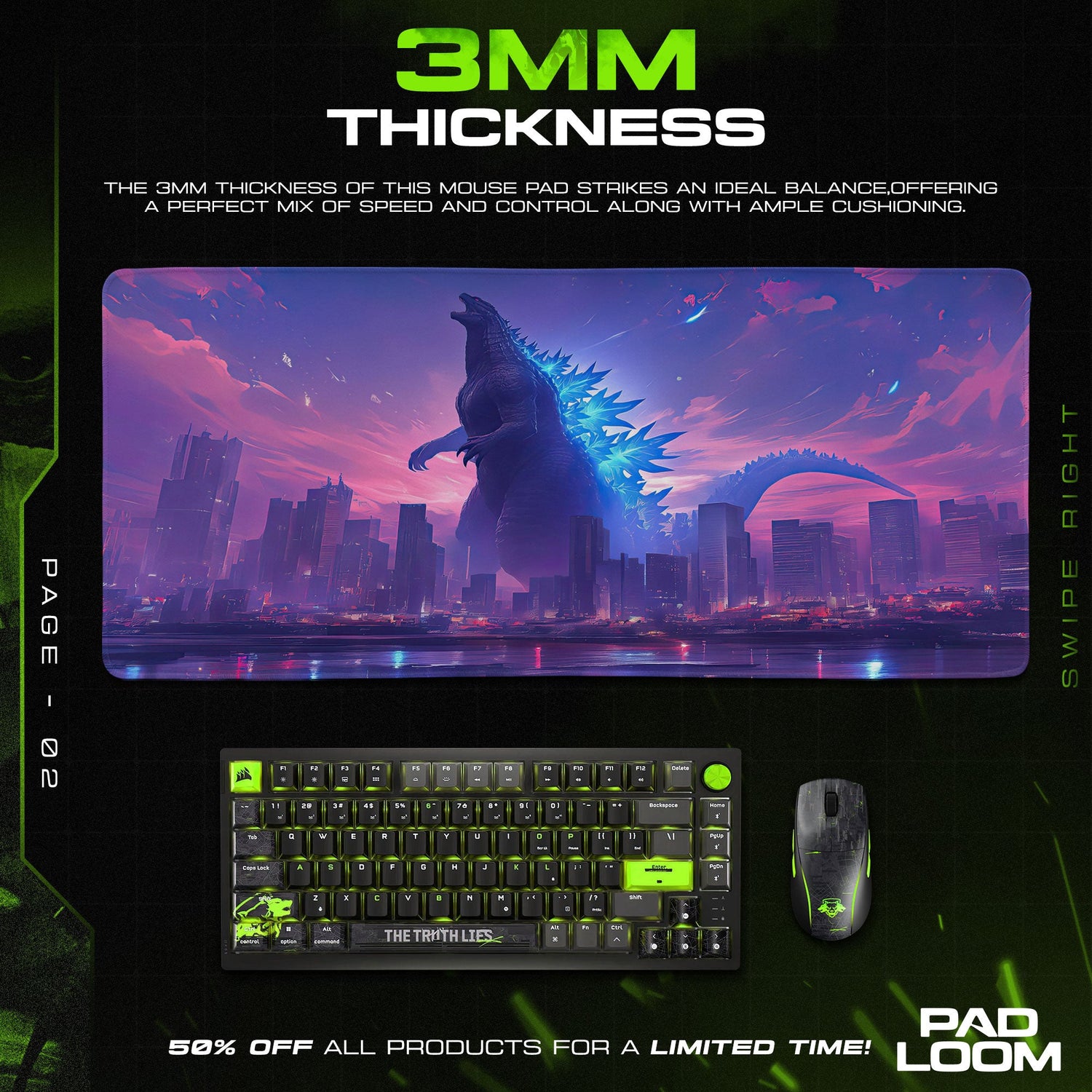 Godzilla Neon Skyline Mouse Pad, Monster Gaming Desk Mat Padloom