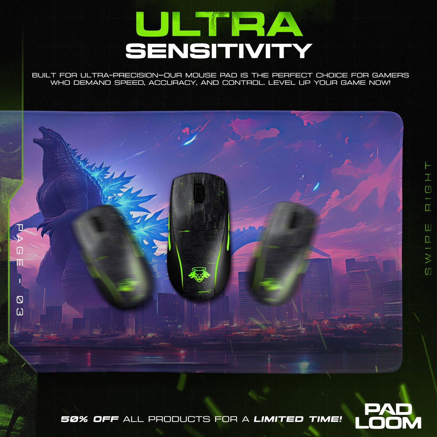 Godzilla Neon Skyline Mouse Pad, Monster Gaming Desk Mat Padloom