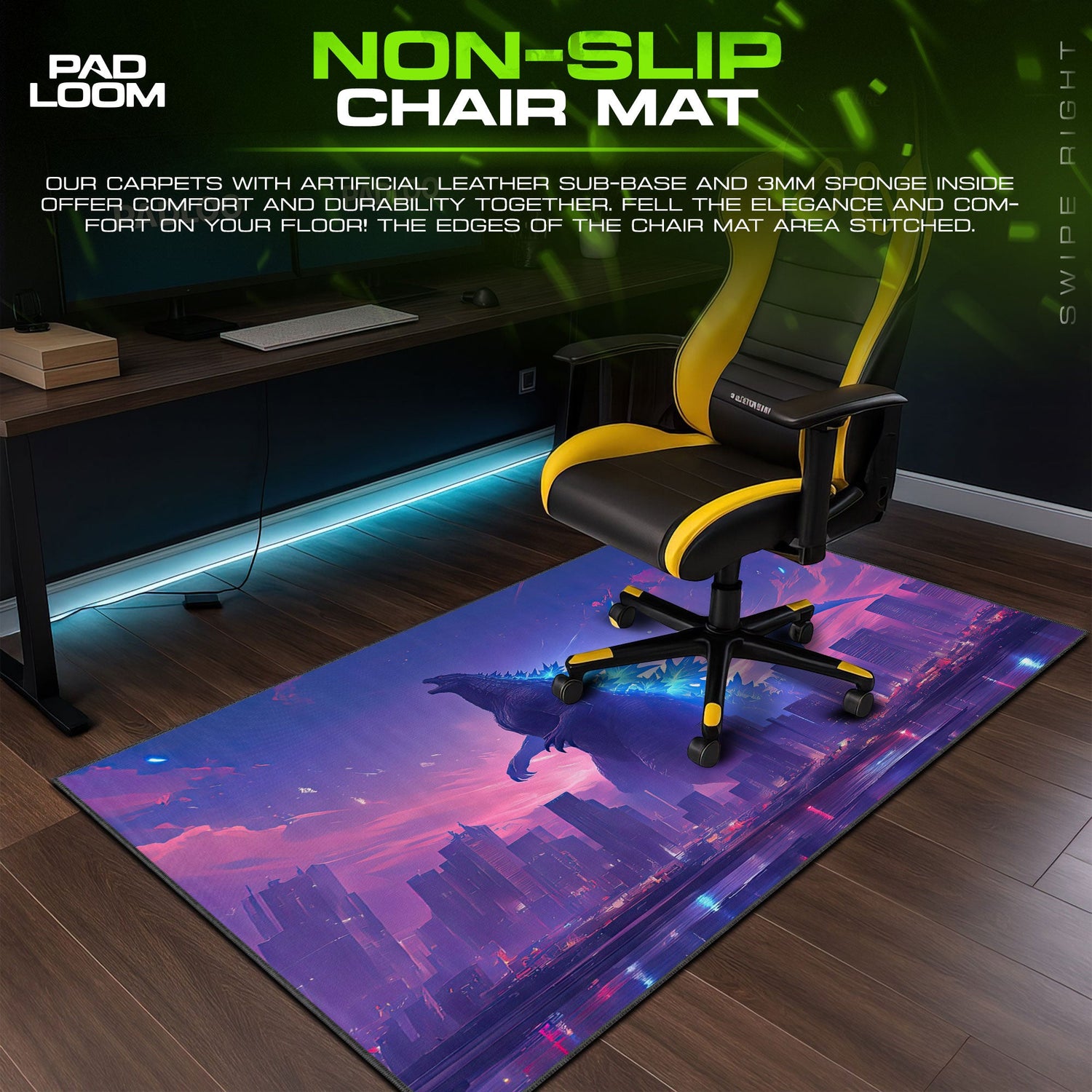 Godzilla Neon Skyline Mouse Pad, Monster Gaming Desk Mat Padloom