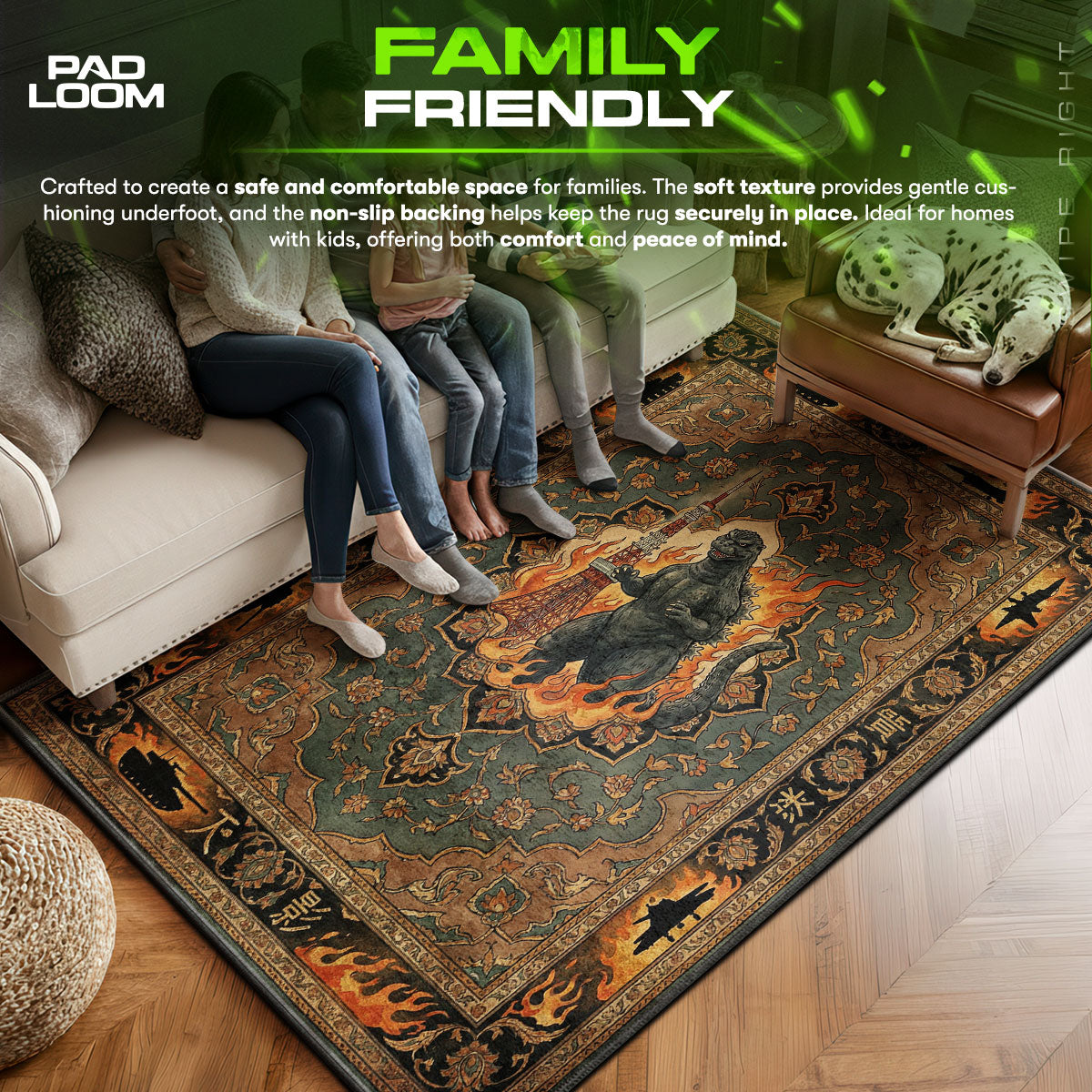 Godzilla area rug showing full Kaiju artwork