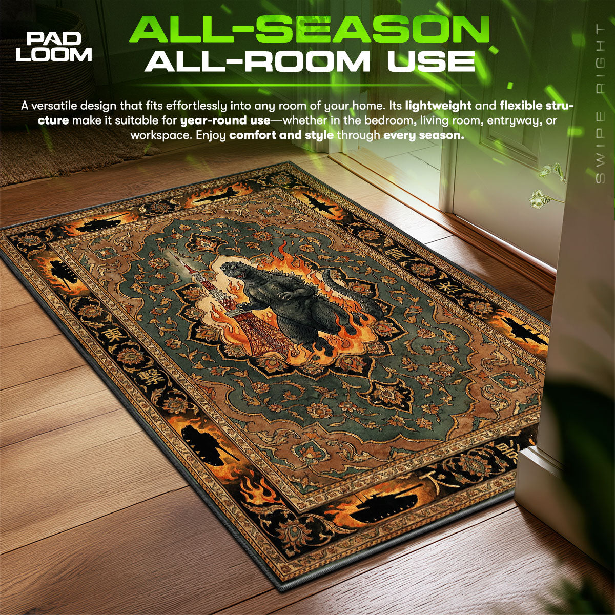 Godzilla Tokyo Tower Tapestry Room fan rug — premium quality print