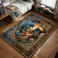 Godzilla and King Kong battling with a glowing axe in an ornate split tapestry art style movie themed area rug and home theater mat