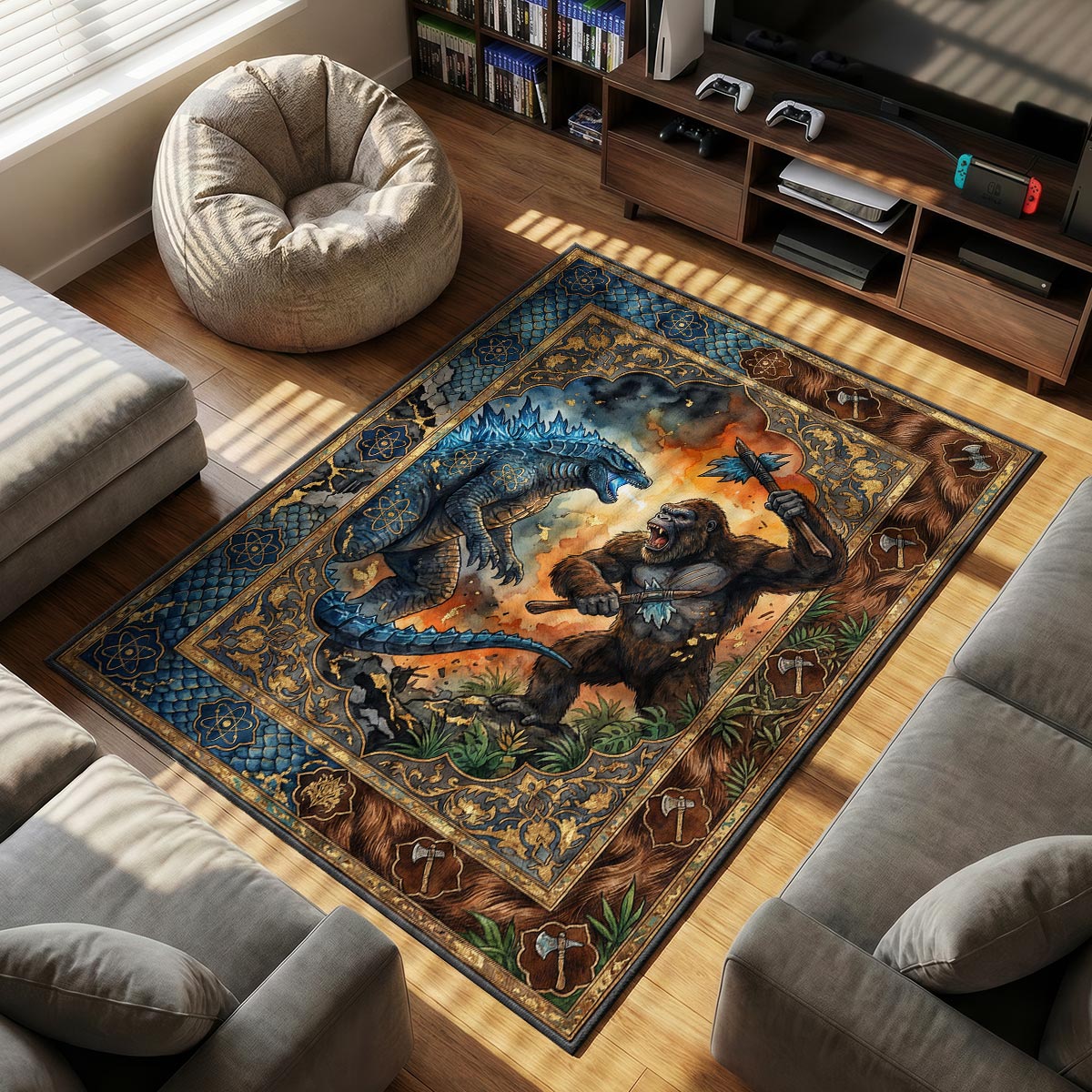 Godzilla vs themed area rug for home decor fans