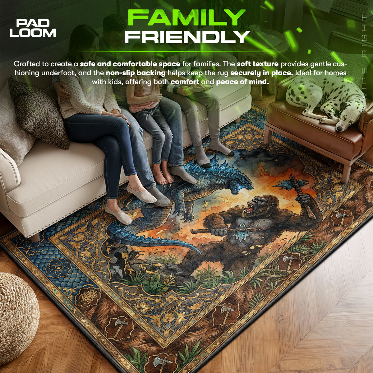 Godzilla area rug showing full home decor artwork