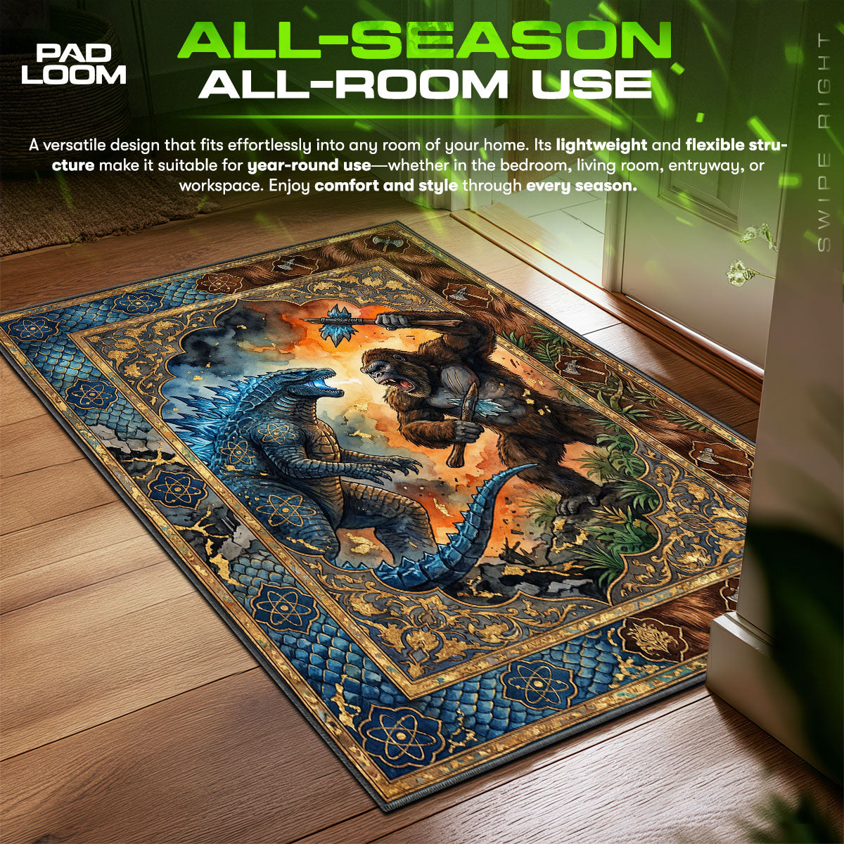 Godzilla vs Kong Battle Monsterverse Room fan rug — premium quality print