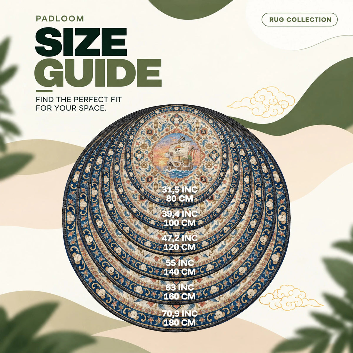 Going Merry Sunset round rug size guide, 80 to 180 cm (31.5 to 70.9 in)