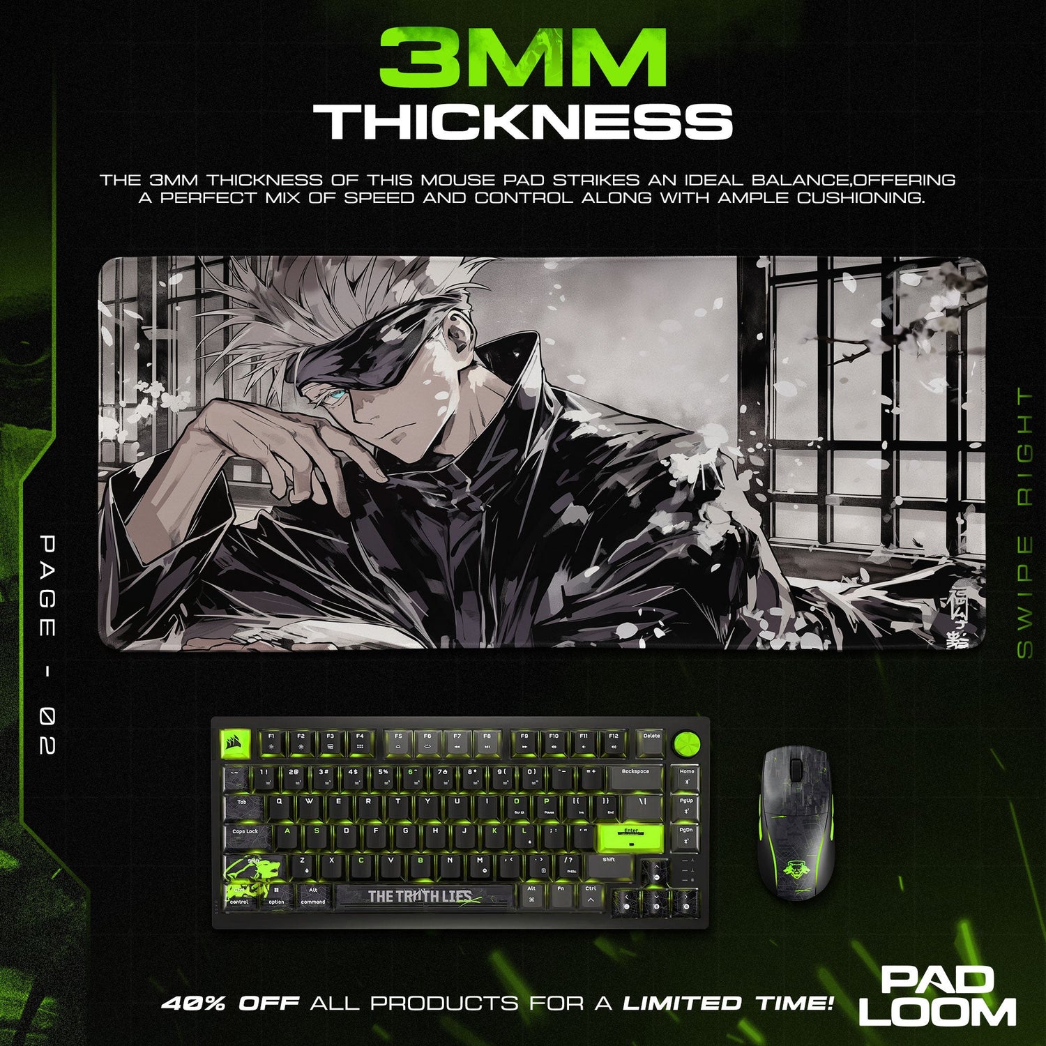 Gojo Black and White Mouse Pad, Jujutsu Kaisen Gaming Desk Mat Padloom