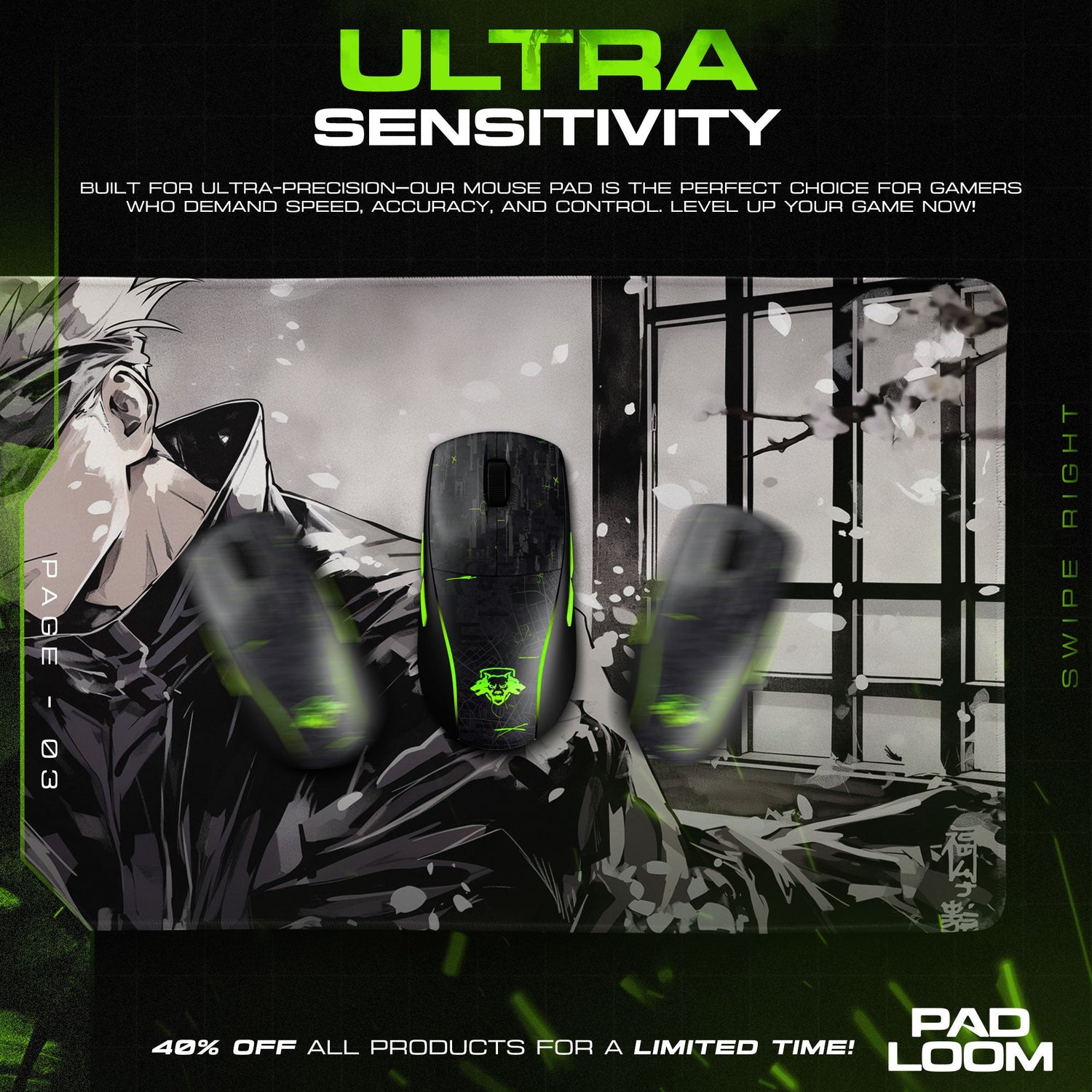 Gojo Black and White Mouse Pad, Jujutsu Kaisen Gaming Desk Mat Padloom