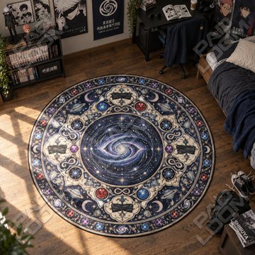Gojo Cosmic Jujutsu Kaisen round rug on a bedroom floor - Jujutsu Kaisen chair mat