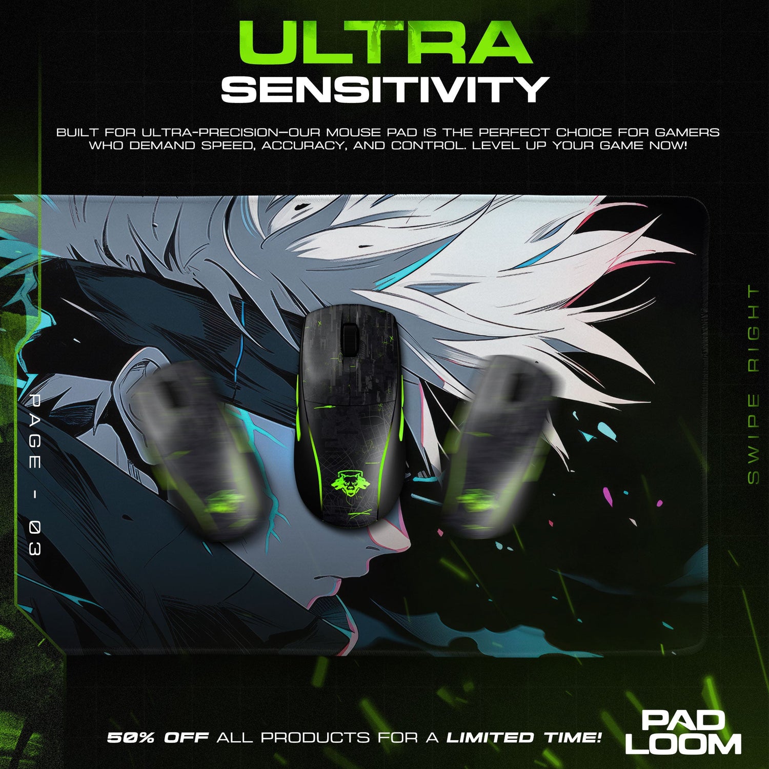 Gojo Mouse Pad, Cursed Energy Burst Anime Desk Mat Padloom