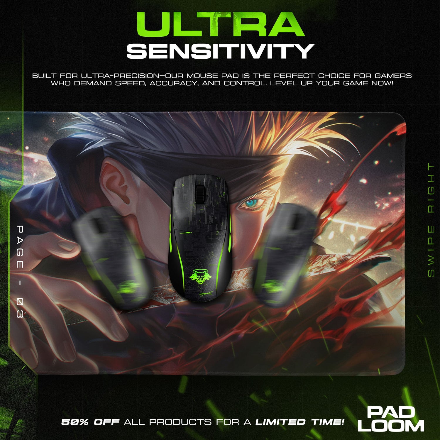 Gojo Satoru Blade Stance Mouse Pad, Anime Gaming Desk Mat Padloom