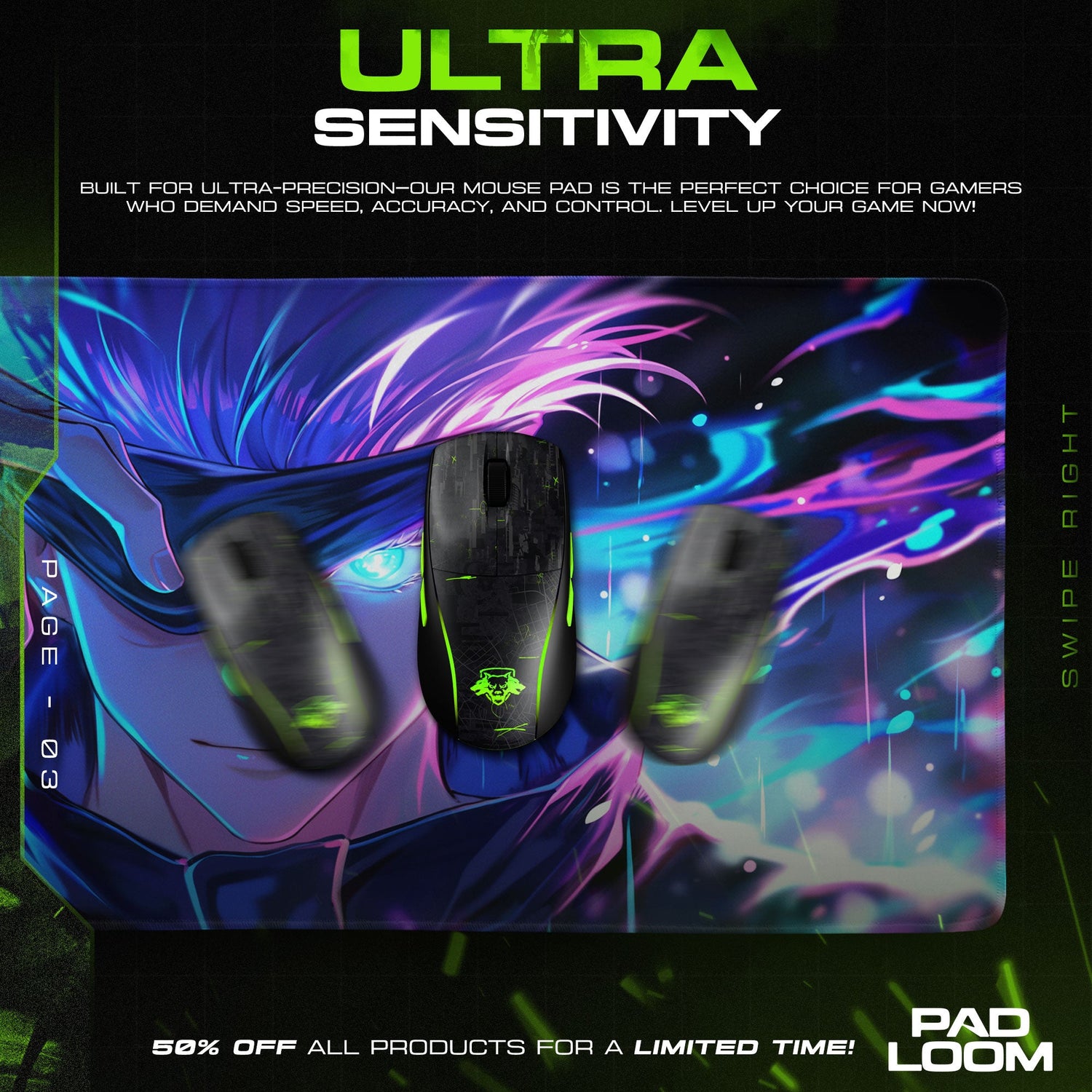 Gojo Satoru Cursed Vision Mouse Pad, Anime Gaming Desk Mat Padloom