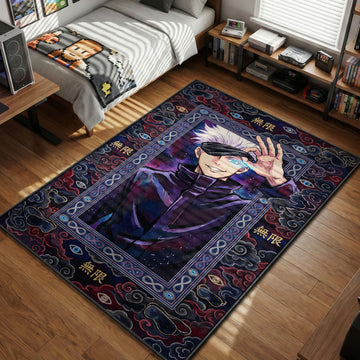 Gojo Satoru lifting his blindfold to reveal the Six Eyes, framed by infinity symbols and cosmic purple void energy in a Jujutsu Kaisen art style.
