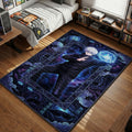 Gojo Satoru portrait lifting blindfold to reveal glowing blue Six Eyes with cosmic background and infinity symbols.
