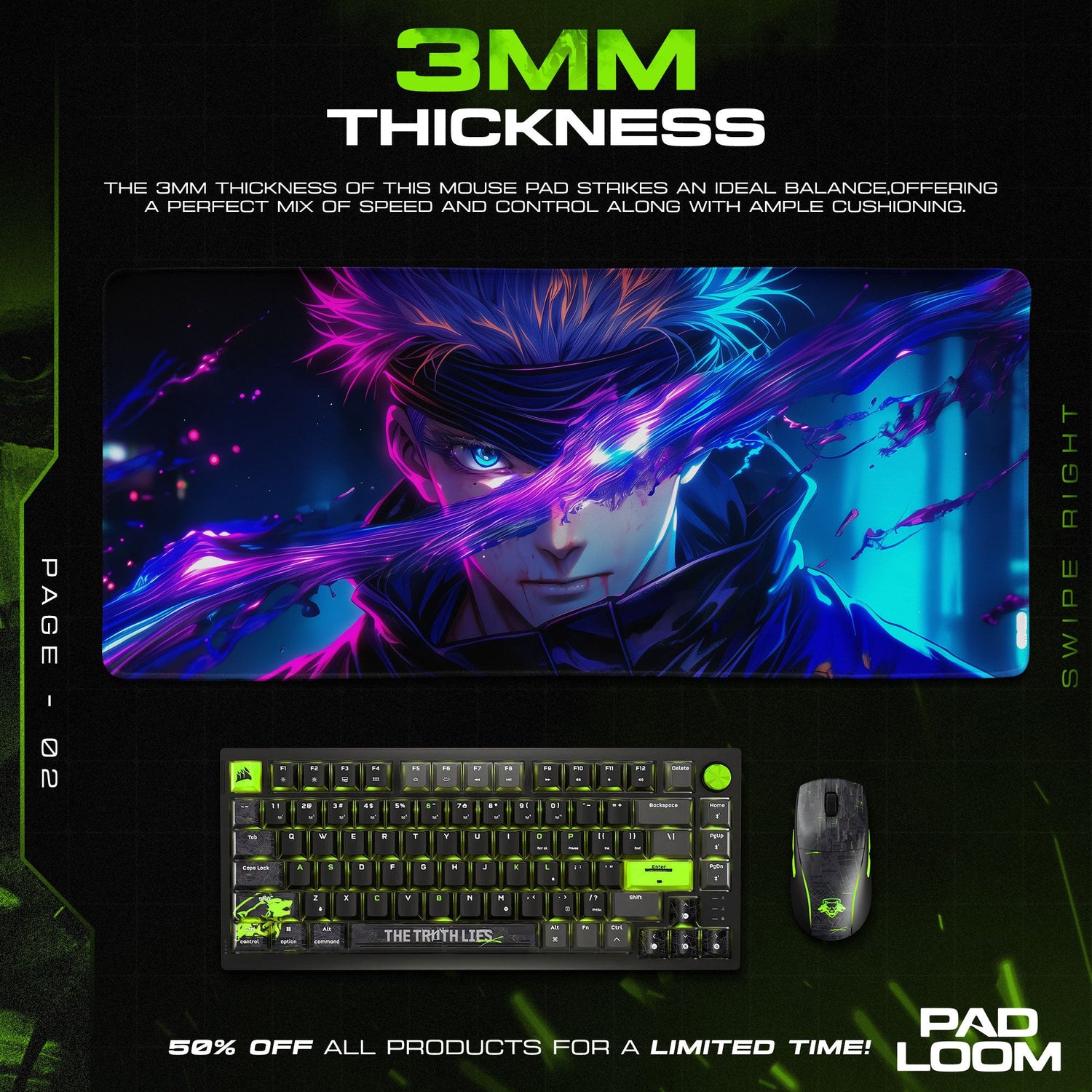 Gojo Satoru Midnight Slash Mouse Pad, Anime Gaming Desk Mat Padloom