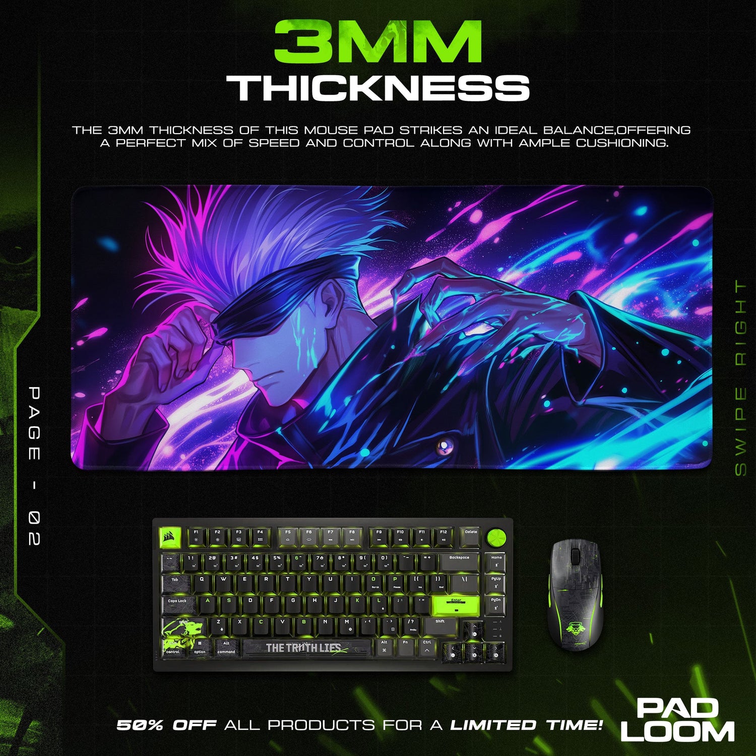 Gojo Satoru Neon Aura Mouse Pad, Anime Gaming Desk Mat Padloom