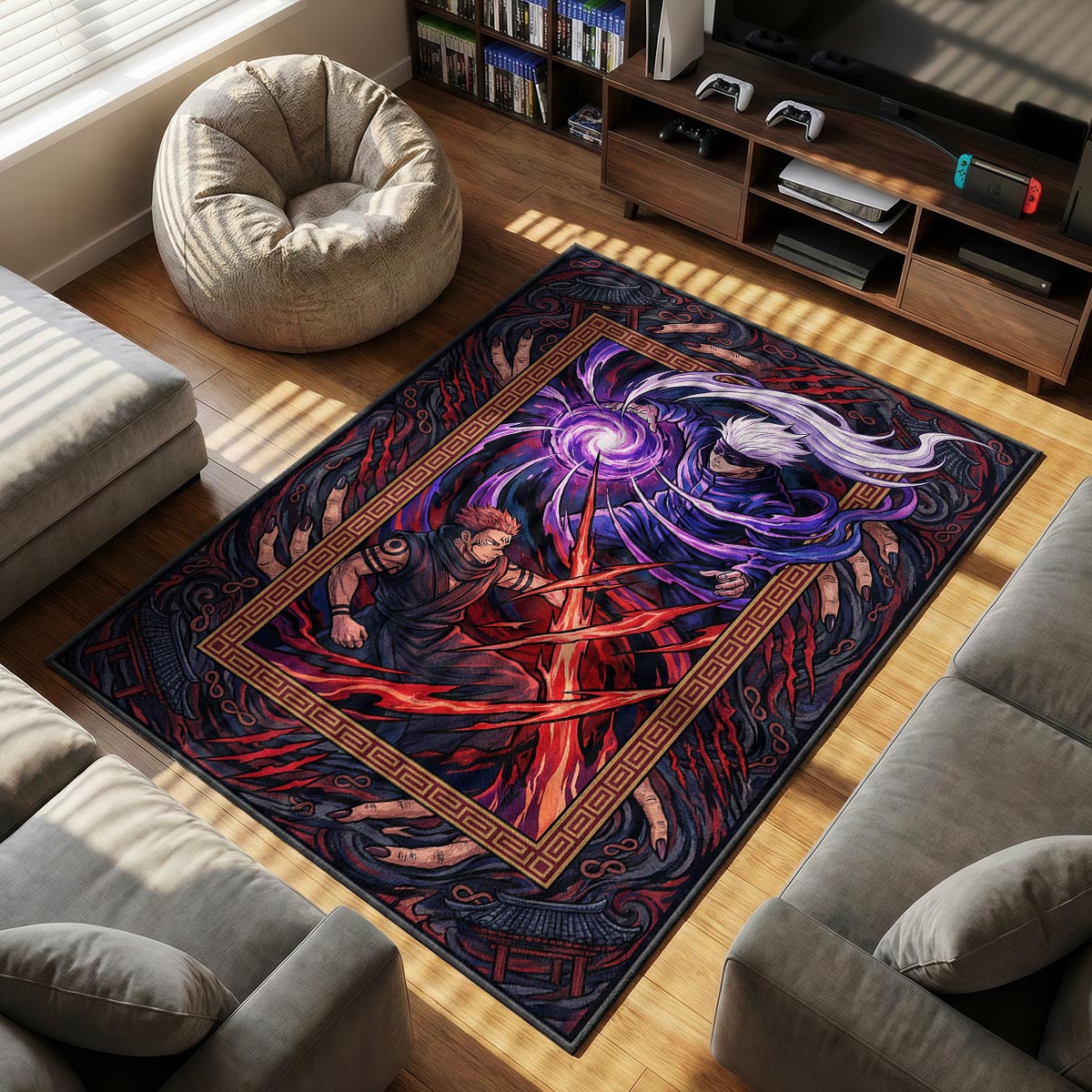 Gojo vs themed area rug for home decor fans