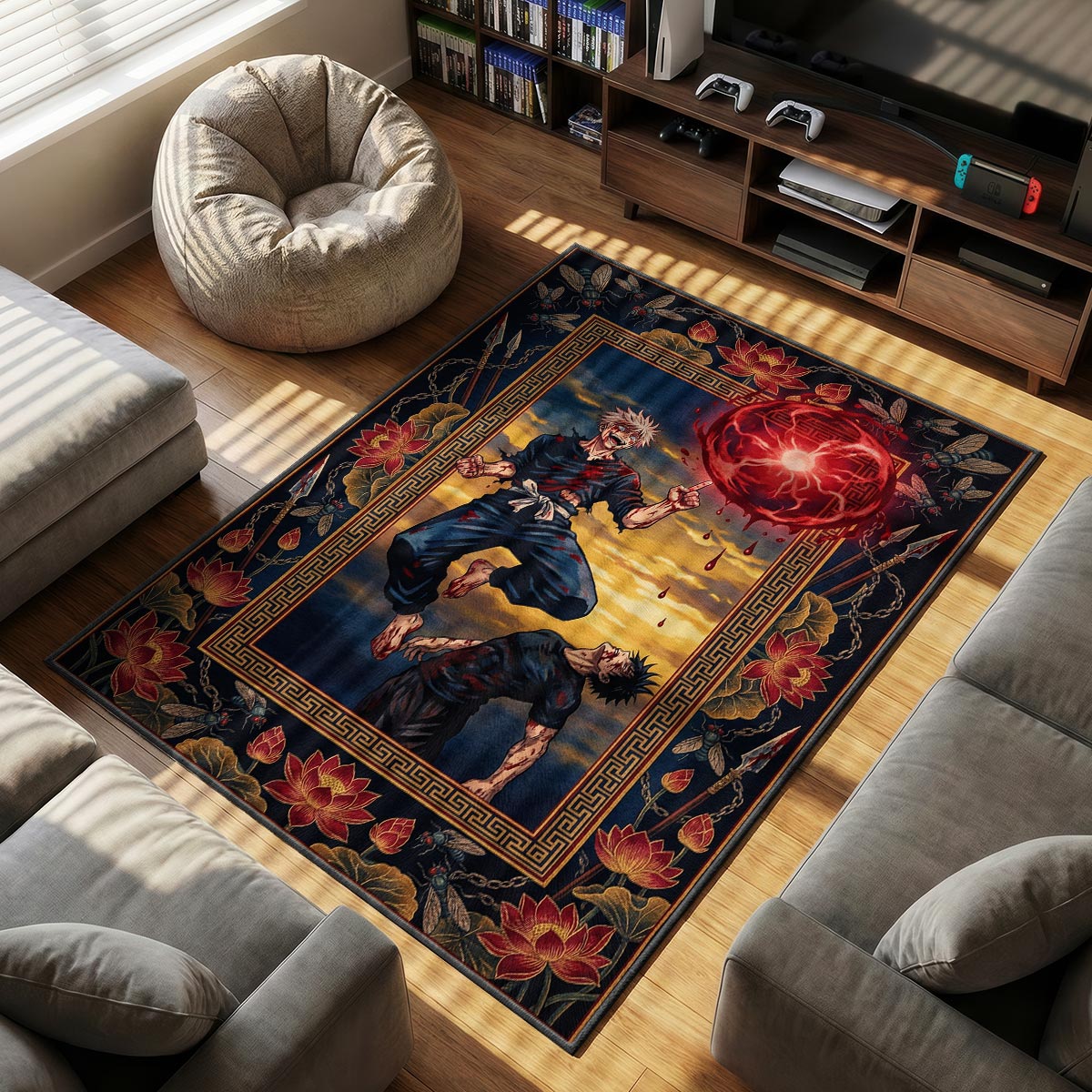 Gojo vs themed area rug for home decor fans
